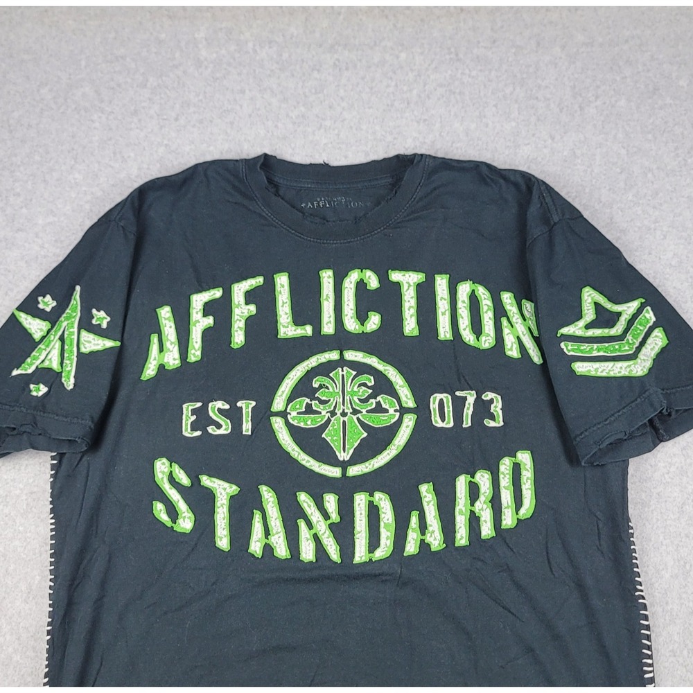 VTG Affliction Standard Goods T-shirt Black Mens LRG Distressed Y2K Double Sided - Picture 2 of 10